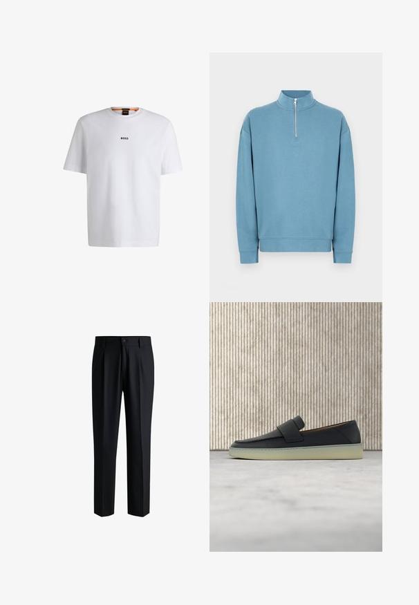 Sudadera azul claro con cuello de media cremallera, mangas largas y puños acanalados. Presenta un logo sutil en el pecho. Textura suave.; Camiseta de algodón blanca de manga corta, con un logotipo negro "BOSS" centrado en el pecho y un diseño de cuello redondo.; Pantalones negros de tela suave, con un diseño de pierna recta, pliegues en la parte delantera y cierre de botón con trabillas para cinturón.; Mocasín de cuero negro con suela blanca, descansando sobre una alfombra beige cerca de la pata redonda de una mesa de madera marrón.