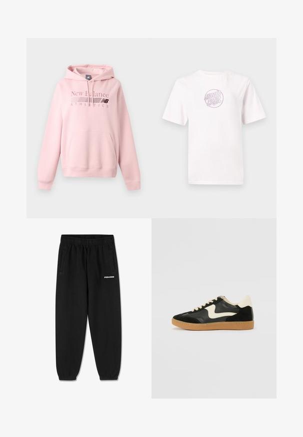 Lyserød New Balance hættetrøje med frontlomme, snøre i hætten og "New Balance Athletics" logo på brystet.; Hvid bomulds t-shirt med korte ærmer, der har et cirkulært pink broderet logo med stiliseret tekst i midten.; Sorte sweatpants lavet af blødt stof, med snoretræk i taljen, tætsiddende ben og sidelommer. "PEGADOR" logo i hvid på fronten.; Sorte ruskinds- og lædersneakers med en cremefarvet side-swoosh og lys cremefarvet hæl. Har beige snørebånd og en gummirubber-sål.