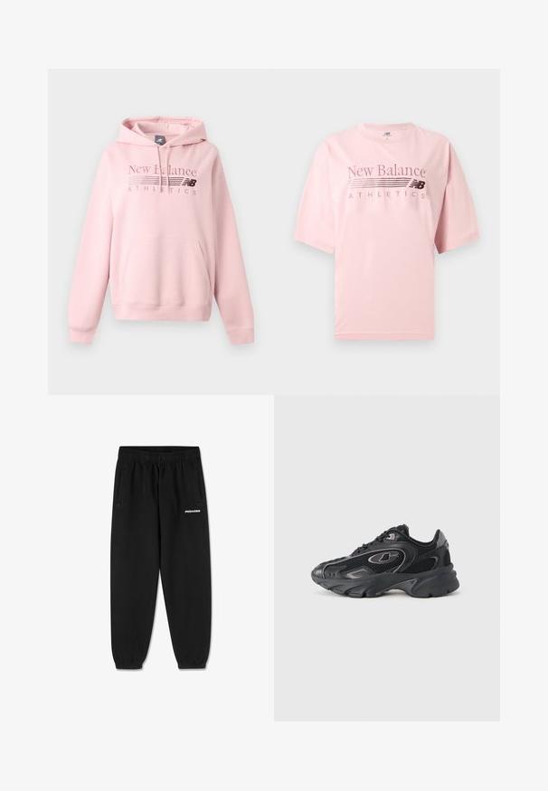 Lyserød New Balance hættetrøje med frontlomme, snøre i hætten og "New Balance Athletics" logo på brystet.; Lyserød kortærmet New Balance Athletics T-shirt med rund hals og logotekst trykt på brystet.; Sorte joggebukser med elastisk talje og manchetter, sidelommer og hvid "PEGADOR" logo på det øverste højre ben.; Sorte sportssko med mesh-paneler, polstret krave og textureret sål. Indeholder logo og kontrasterende detaljer på siden.