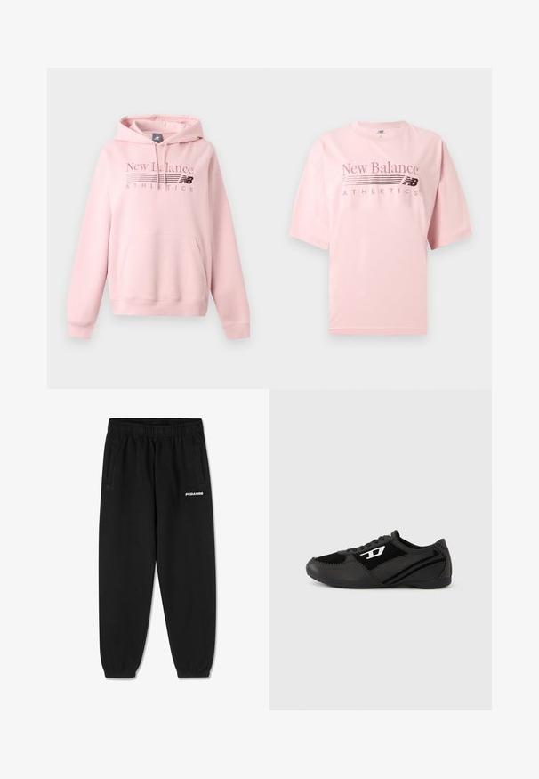Lyserød New Balance hættetrøje med frontlomme, snøre i hætten og "New Balance Athletics" logo på brystet.; Lyserød kortærmet New Balance Athletics T-shirt med rund hals og logotekst trykt på brystet.; Sorte sweatpants lavet af blødt stof, med snoretræk i taljen, tætsiddende ben og sidelommer. "PEGADOR" logo i hvid på fronten.; Sorte atletik sko med ruskind og syntetisk overdel, med et struktureret design, rundet tå og flad sål. Sølvfarvet logo på siden.