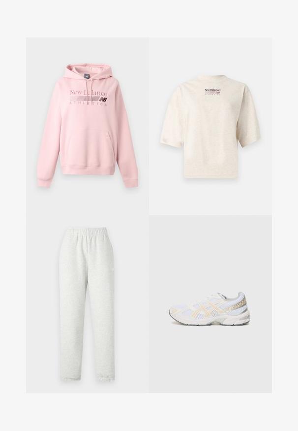 Lichtroze New Balance hoodie met voorzak, capuchon met trekkoord en "New Balance Athletics" logo op de borst.; Beige New Balance Athletics T-shirt met korte mouwen, met bordeauxkleurig logo en tekst gecentreerd op de borst, effen achtergrond.; Lichtgrijze sweatpants met een elastische tailleband, taps toelopende pijpen en ribgebreide manchetten. Gemaakt van een zachte, gestructureerde stof. Witte logodetail aan de zijkant.; Witte sportschoen van mesh-materiaal, met lichtoranje en grijze accenten, een gestructureerde zool en een gevoerde kraag voor comfort.