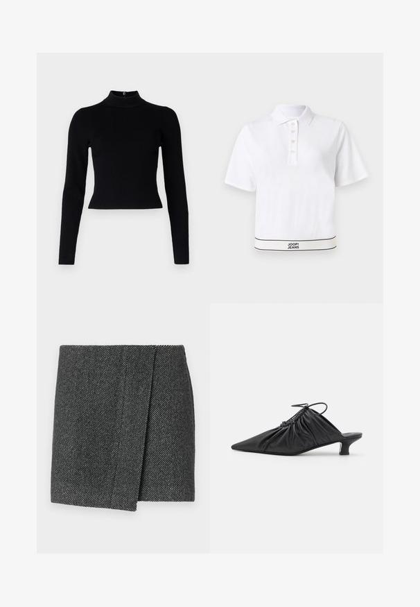 Pull-over noir à col roulé côtelé avec des manches longues et une silhouette ajustée, présentant une texture lisse et un zip au dos.; Polo blanc à manches courtes avec quatre boutons et un ourlet bordé de noir affichant le texte "JOOP! JEANS" au centre en bas.; Jupe à motif chevron gris avec un design enroulé, dotée d'un tissu texturé et d'un ourlet droit et épuré.; Mules noirs en cuir à enfiler avec un bout pointu, une texture froncée et un petit talon aiguille. Présente un détail à cordon au niveau de l'ouverture.