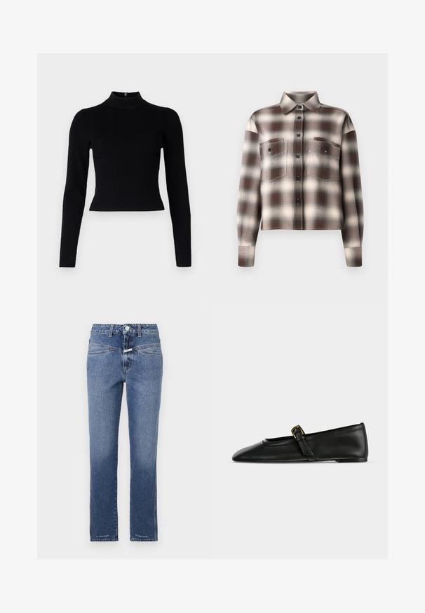 Zwarte geribbelde coltrui met lange mouwen en een getailleerde pasvorm, met een gladde textuur en een ritssluiting aan de achterkant.; CLOSED CROPPED FRONT OVERSIZED SHIRT - Overhemdblouse - dark raisin red; Denim jeans in een middelblauwe wassing, met rechte pijpen, voorzien van een middelhoge tailleband, vijf zakken en subtiele stikdetails.; Zwarte leren Mary Jane platte schoen met een spitse neus en een dun bandje met een kleine gouden gesp, van opzij getoond op een effen achtergrond.