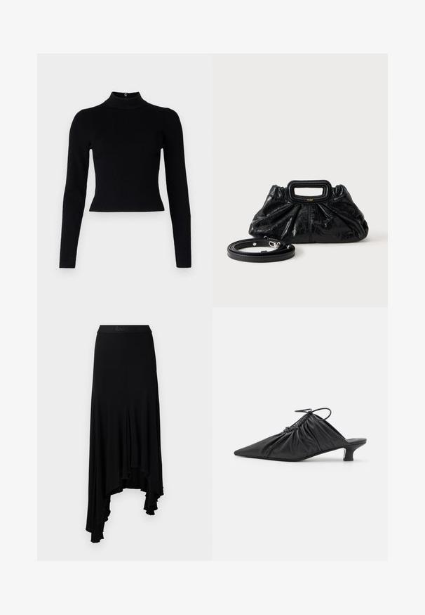Sort ribbet turtleneck sweater med lange ærmer og en tætsiddende silhuet, der har en glat overflade og en lynlåsdetalje på ryggen.; Sort asymmetrisk nederdel med en bølget kant, lavet af blødt, strækbart materiale, med en bred taljebånd med præget branding.; Sorte læder slip-on mules med spids tå, samlet tekstur og en lille kitten heel. Har en snor-detalje ved åbningen.; Lille sort læderhåndtaske med rynket tekstur, rektangulært håndtag og aftagelig tynd skulderrem placeret ved siden af.