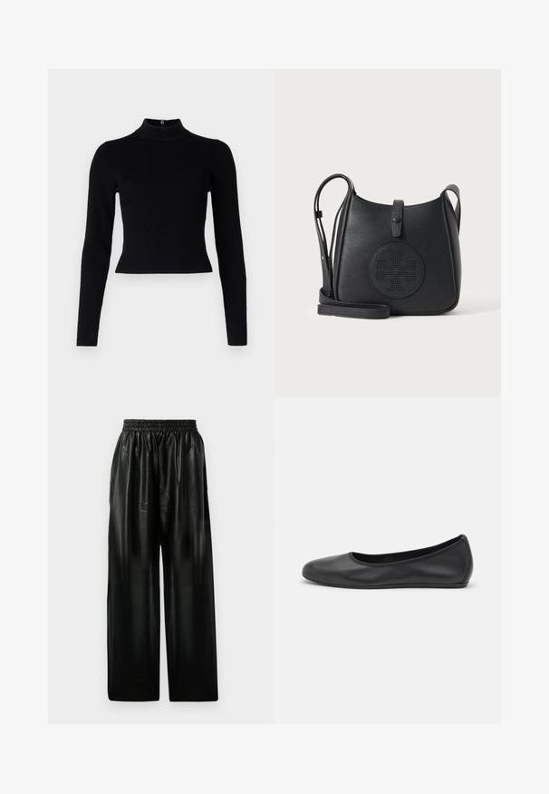 Sort ribbet turtleneck sweater med lange ærmer og en tætsiddende silhuet, der har en glat overflade og en lynlåsdetalje på ryggen.; Sorte læder brede bukser med elastisk talje, der har to sidelommer og en glat, blank overflade.; Sort læderballetsko med rund tå, glat tekstur, minimal syning og et fleksibelt såldesign.; Sort læder crossbody taske med justerbar rem, frontklaplukning og præget rundt logo på en glat tekstureret overflade.