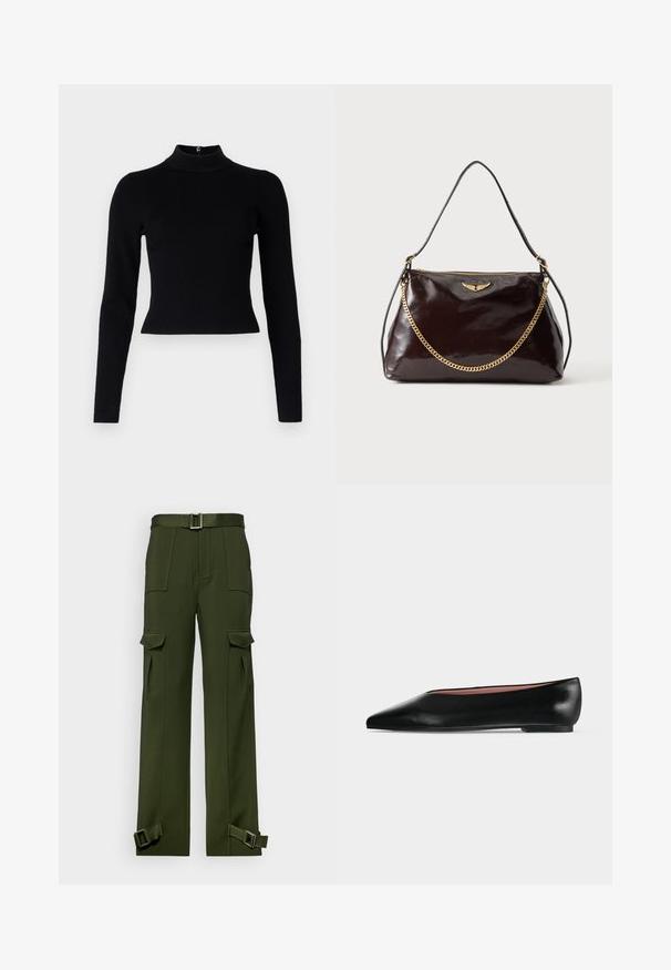 Black ribbed turtleneck sweater with long sleeves and a fitted silhouette, featuring a smooth texture and a back zipper detail.; Green cargo pants made of durable fabric. Features include a belted waist, multiple large pockets, and buckled straps at the ankles.; Black leather women's flat shoe with pointed toe and low heel, shown from side on plain light gray background.; Dark brown glossy leather handbag with a gold wing emblem, gold chain detail, and a thin leather shoulder strap on a plain background.