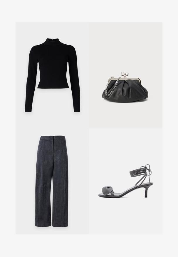 Pull-over noir à col roulé côtelé avec des manches longues et une silhouette ajustée, présentant une texture lisse et un zip au dos.; Pantalons larges gris foncé avec un tissage texturé subtil, taille haute et fermeture frontale dissimulée.; Sandale à talon en cuir gris avec une bride nouée sur les orteils et des lacets enroulants autour de la cheville, sur un talon moyen et fin, sur fond blanc.; Porte-monnaie en cuir noir avec texture froncée, cadre en métal argenté, fermeture à verrouillage kiss-lock et bandoulière en chaîne. Surface lisse et douce.