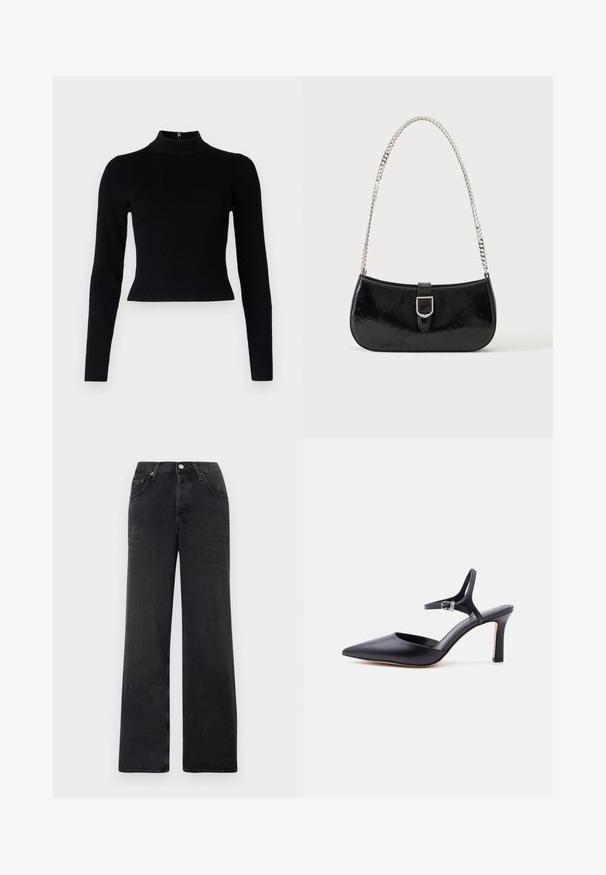 Pull-over noir à col roulé côtelé avec des manches longues et une silhouette ajustée, présentant une texture lisse et un zip au dos.; Jean large noir en denim. Présente une taille haute, deux poches avant et une fermeture à bouton avec des accents en cuivre.; Escarpin noir à bout pointu avec fine bride à la cheville et boucle argentée, finition en cuir lisse, chaussure élégante pour femme.; Sac à épaule en cuir verni noir avec détail de boucle argentée et bandoulière en chaîne argentée, présenté sur un fond uni clair.