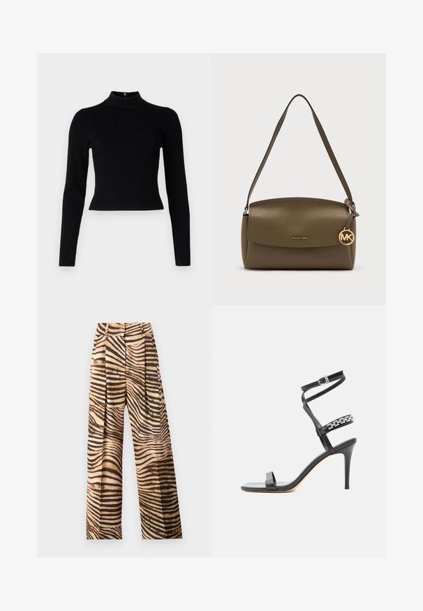 Sort ribbet turtleneck sweater med lange ærmer og en tætsiddende silhuet, der har en glat overflade og en lynlåsdetalje på ryggen.; Bredde ben bukser i et beige og brunt zebra-stribe mønster, der har plisseringer, høj talje og en glat, skinnende tekstur.; Sort højhælet sandal med tynd ankelrem, midtfodsrem dekoreret med sølvkædeled og åben tå-design.; Skuldertaske i olivengrønt læder med klaplukning og gyldent Michael Kors-logo vedhæng hængende på stroppen.