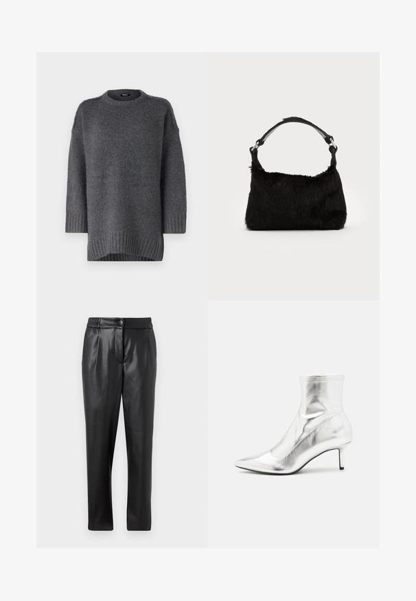 Pull en tricot gris avec un col rond, des poignets et un ourlet côtelés. Offre une coupe décontractée et une texture douce. Manches de longueur intermédiaire.; Pantalons en cuir noir avec une texture lisse, coupe droite, taille élastique et fermeture à bouton à l'avant ; détails plissés et jambes fuselées.; Bottine métallique argentée avec un bout pointu et un talon fin. Présente un ajustement snug et une texture lisse et brillante. Accent de couture en haut.; Sac à main en fausse fourrure noire avec une texture douce, une forme arrondie et une bandoulière en cuir noir robuste. Accent en métal argenté visible.