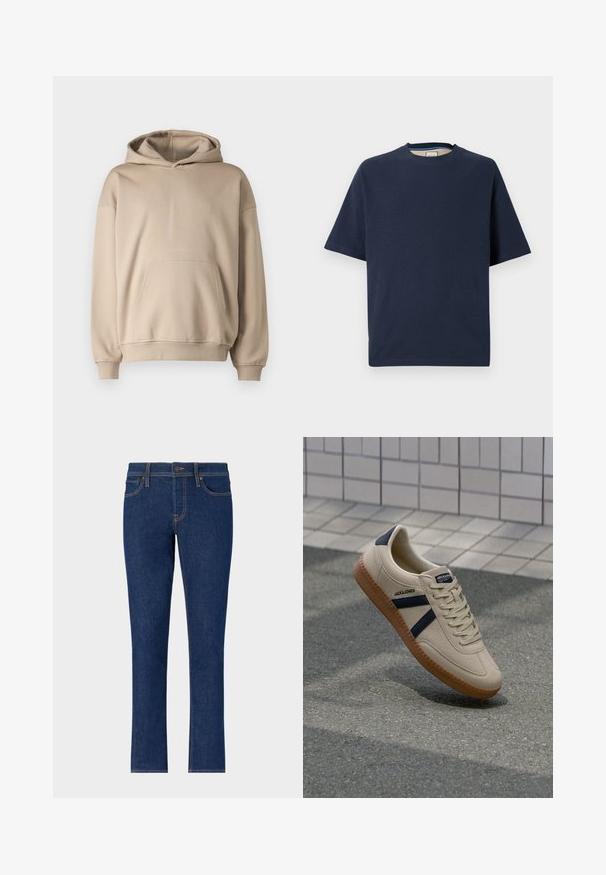Sudadera con capucha beige, tejido suave, corte holgado, bolsillo canguro, puños y bajo acanalados, diseño minimalista, textura suave.; Camiseta de manga corta azul marino de tela de algodón, con escote redondo y dobladillo recto. Textura suave sin patrones o acentos visibles.; Jeans de mezclilla azul oscuro con un diseño de pierna recta, que cuentan con costuras sutiles, cinco bolsillos y un cierre de botón en la cintura.; Zapatilla beige con acabado texturizado, rayas azul marino y suela de goma. Presenta una lengüeta acolchada y un sistema de cordones tradicional para un ajuste seguro.