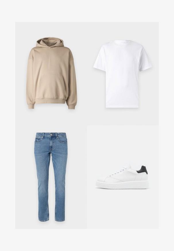 Sweatshirt à capuche beige, en tissu doux, coupe ample, poche kangourou, poignets et ourlet côtelés, design minimaliste, texture lisse.; T-shirt blanc à manches courtes en coton avec un col rond, présentant une texture lisse et un design simple, sans motifs ni accents.; Jean en denim bleu à jambes droites avec poches avant, passants de ceinture et fermeture à bouton.; Baskets en cuir blanc avec un empiècement noir à l'arrière, lacets plats, semelle intermédiaire texturée et logo sur le côté extérieur. Conçues pour une utilisation décontractée.