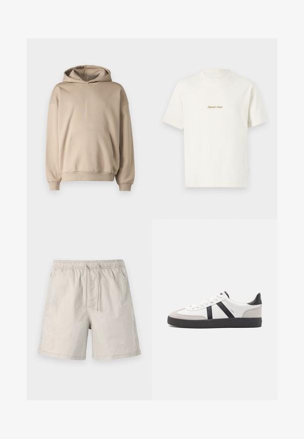 Sudadera con capucha beige, tejido suave, corte holgado, bolsillo canguro, puños y bajo acanalados, diseño minimalista, textura suave.; Camiseta de algodón crema con mangas cortas, cuello redondo y logo bordado "Original Studio" en dorado en el pecho. Textura suave.; Pantalones cortos beiges hechos de una tela ligera, con cinturilla elástica, cordón y bolsillos laterales con costuras en contraste.; Zapatilla blanca con acentos en negro y gris, que presenta una puntera texturizada en gris, suela de goma negra y cordones planos blancos. Diseño limpio, estilo minimalista.