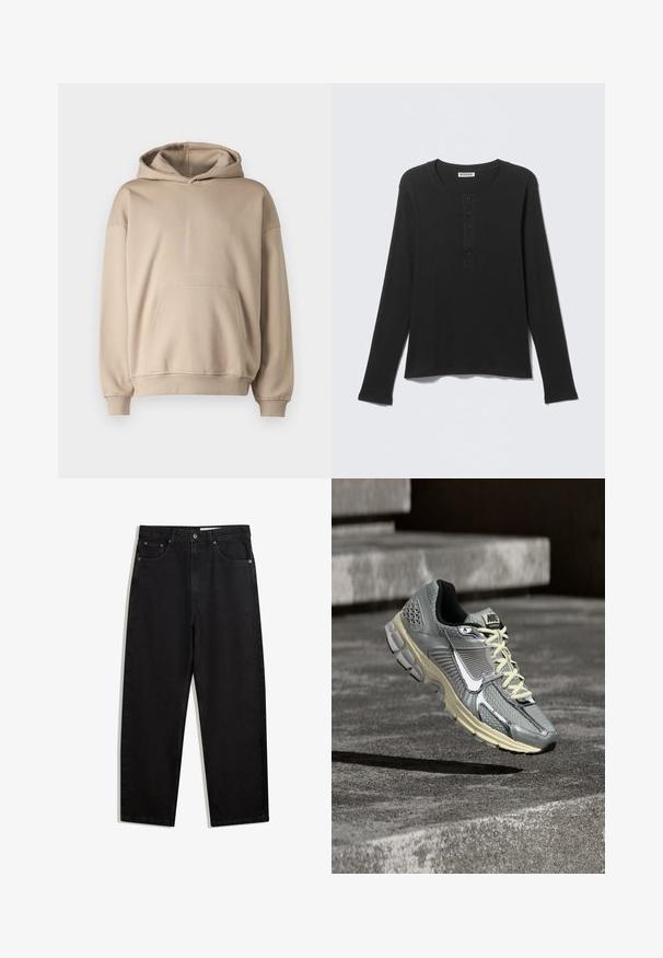 Bežová mikina s kapucňou, mäkká tkanina, voľný strih, klokania kapsa, rebrované manžety a lem, minimalistický dizajn, hladká textura.; Čierne tričko Henley s dlhým rukávom, piatimi gombíkmi na prednej légii, okrúhlym výstrihom a rebrovanou pleteninou.; Čierne denimové nohavice vo voľnom strihu. Obsahujú päť vreciek, kovové zapínanie na gombík a kontrastné stehy. Hladká textúra, minimalistický dizajn.; Sivo-béžová bežecká obuv Nike s bielymi šnúrkami a veľkým bielym logom, umiestnená tak, akoby sa vznášala nad betónovou plochou.
