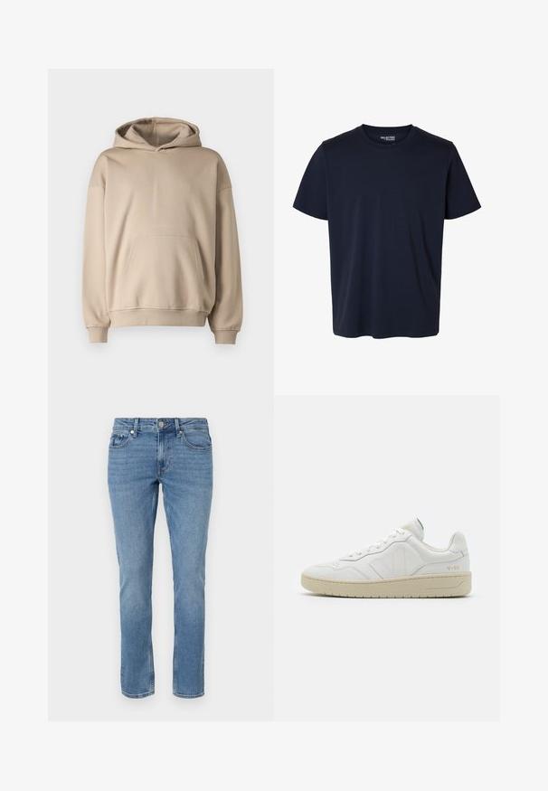 Beige hætte sweatshirts, blødt stof, løs pasform, kengurulomme, ribbede manchetter og kant, minimalistisk design, glat tekstur.; Simpel marineblå t-shirt med korte ærmer og rund halsudskæring med en lille trykt mærkelabel inde i kraven.; Blå lige ben denim jeans med for lommer, bæltesløjfer og knaplukning.; Hvide lædersneakers med struktureret overflade og polstret krave. Har en beige gummisål og diskret branding på hælen og siden.