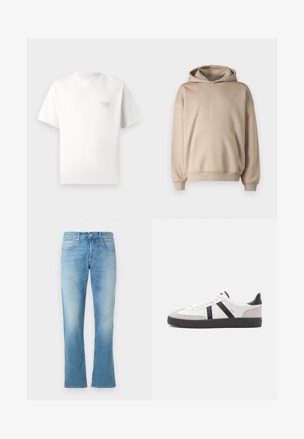 Beige huppari, pehmeä kangas, rento malli, kengurupocket, ribbutetut hihansuut ja helma, minimalistinen muotoilu, sileä pinta.; Valkoinen lyhythihainen t-paita, jossa on pieni "Originals Studio Urban Aesthetic" -teksti painettuna vasemmassa rinnassa.; Vaaleansiniset farkut, joissa on leveä lahjeratkaisu, viiden taskun peruslayout ja nappisulku. Sileä rakenne ja hienovarainen haalistuminen.; Valkoiset lenkkarit mustilla ja harmailla yksityiskohdilla, joissa on teksturoitu harmaa kärki, musta kumipohja ja litteät valkoiset nauhat. Siisti muotoilu, minimalistinen tyyli.