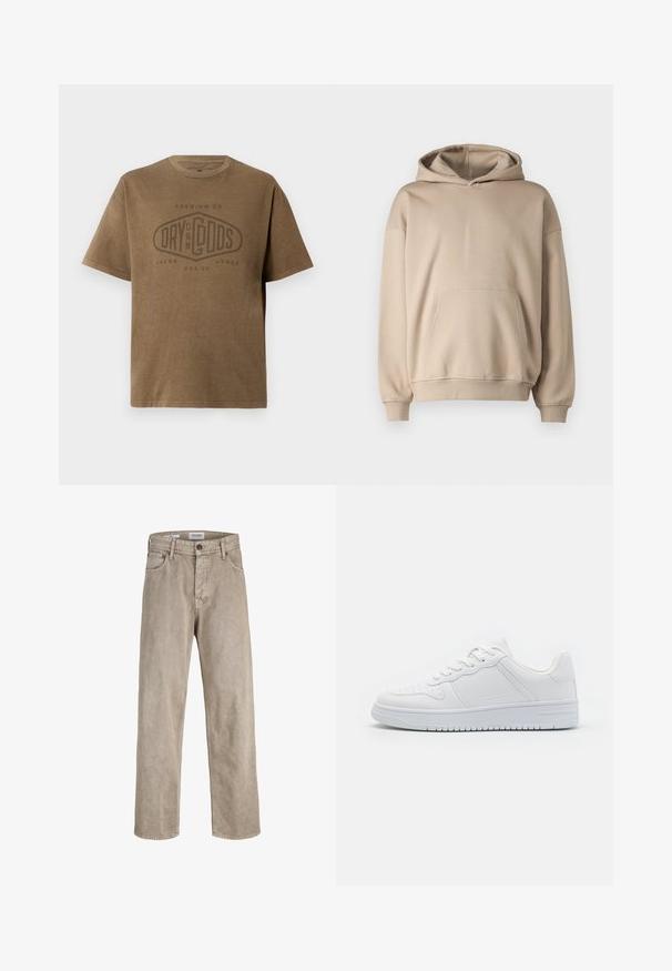 Beige hætte sweatshirts, blødt stof, løs pasform, kengurulomme, ribbede manchetter og kant, minimalistisk design, glat tekstur.; Brun kortærmet T-shirt med rund hals og falmet logo tekst "Premium Co. Dry On My Gods Jack & Jones Est. 90" trykt på fronten.; Lyse beige bukser med bred benvidde præsenteret mod en ensfarvet hvid baggrund, med forlommer og knaplukning i livet.; Hvide sneakers lavet af glat syntetisk materiale, med flade snørebånd, perforeret tå og en gummisål med et tekstureret grebmønster.