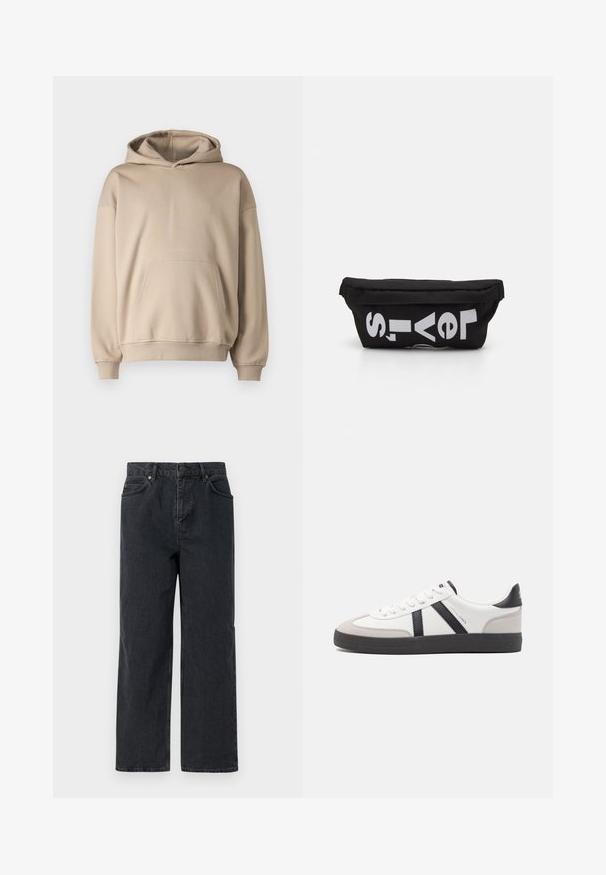Beži kapuutsiga sweatshirt, pehme kude, lahti istuv, kenguru tasku, soonikkoes ja -serv, minimalistik disain, sile tekstuur.; Tumed sinised denimbüksid laia jala, viie tasku disaini ja nööpkinni. Sisaldab vasktooni riistvara ja peent tekstuuri.; Valged tossud mustade ja hallide aktsentidega, tekstureeritud halli varbakattega, musta kummitald ja lamedad valged paelad. Puhtad jooned, minimalistlik stiil.; Must musta kott, millel on lame kuju, ja millel on julge valge tekst. Ülemine osa sulgub tõmblukuga ning ühel küljel on silmusdetail.