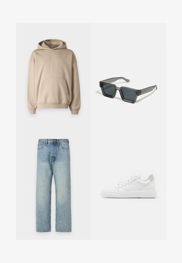 Sudadera con capucha beige, tejido suave, corte holgado, bolsillo canguro, puños y bajo acanalados, diseño minimalista, textura suave.; Jeans de mezclilla azul claro con un diseño de pierna recta, cinco bolsillos y herrajes en bronce. Mínima decoloración con un acabado limpio.; Zapatillas de cuero blanca con un acabado suave, punta redondeada, cordones planos y una suela texturada. Acento de ante gris en el talón.; Jack & Jones JACPETER SUNGLASSES UNISEX - Gafas de sol - grey