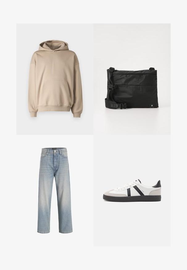 Beige hætte sweatshirts, blødt stof, løs pasform, kengurulomme, ribbede manchetter og kant, minimalistisk design, glat tekstur.; Lys blå denimjeans med lige ben design, falmet udseende, fem lommer og en knappelukning i taljen.; Hvide sneakers med sorte og grå detaljer, med en tekstureret grå tåhætte, sort gummisål og flade hvide snørebånd. Rent design, minimalistisk stil.; Sort nylon messenger-taske med justerbar rem, fladt design og et sideetiket med et logo. Glat tekstur og minimalistisk stil.