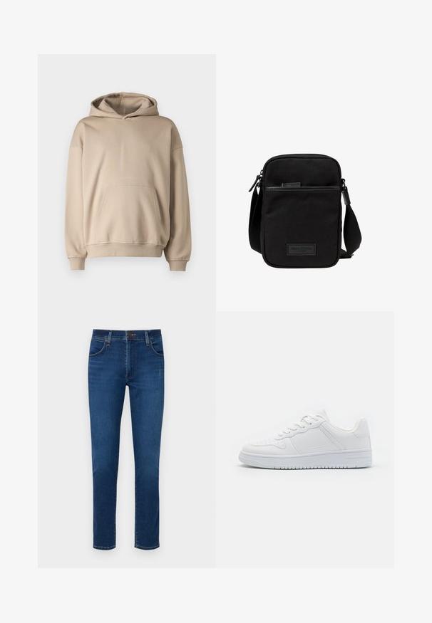 Sudadera con capucha beige, tejido suave, corte holgado, bolsillo canguro, puños y bajo acanalados, diseño minimalista, textura suave.; Vaqueros de denim azul oscuro con un diseño de pierna recta, bolsillos frontales y un cierre de botón en la cinturilla. Textura suave, detalles mínimos.; Zapatillas blancas hechas de material sintético liso, con cordones planos, puntera perforada y suela de goma con un patrón de agarre texturizado.; Bolso cruzado de tela negra con un compartimento principal con cremallera, acentos de cuero, bolsillo frontal y strap ajustable. Logo de Marc O'Polo visible.