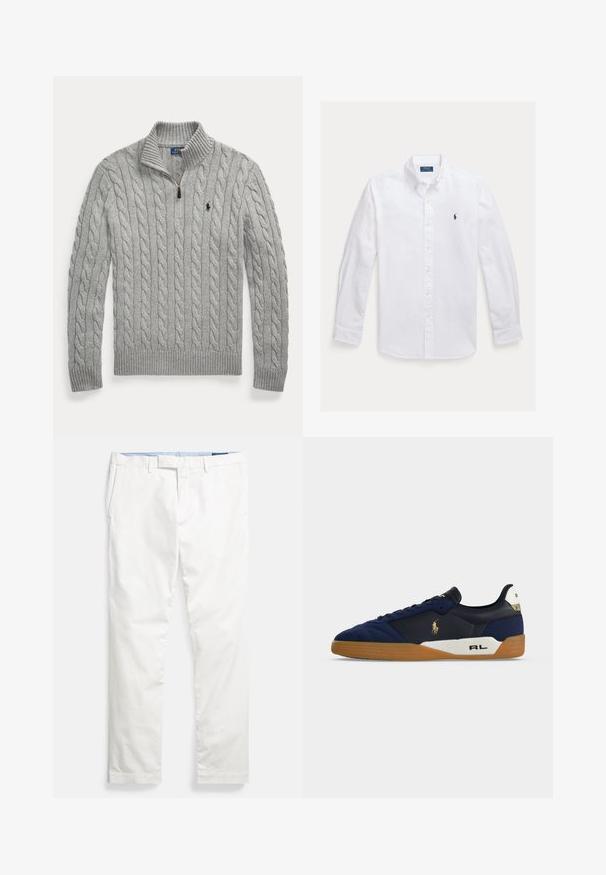 Lysegrå kabelstrikket sweater med halv lynlås og ribstrikket krave, ærmer og kant, med et lille mørkt logo på brystet.; Hvid, langærmet skjorte med knapper og spids krave, med en lille marineblå logo på venstre bryst og gule knapper. Glat stoftekstur.; Hvide bomulds-chinos med flad front, bæltestropper, sidelommer og en glat tekstur, med en blå indvendig linning.; Lavtop sneaker med navy ruskind og læderoverdel, gummisål, hvid mellemsål med "RL" tekst og guld Polo Ralph Lauren-logo på siden.