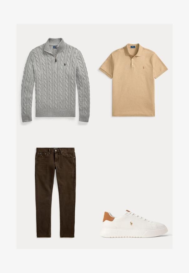 Svetlosivý sveter s vrkočovým vzorom, polovičný zips a rebrovaný golier, manžety a lem, s malým tmavým logom na hrudi.; Béžové tričko Polo Ralph Lauren s krátkym rukávom, golierom, tromi gombíkmi a malým vyšívaným logom na ľavej strane hrudníka.; Úzke tmavohnedé džínsy s piatimi vreckami, zapínaním na gombík a zips a s viditeľnými štítkami značky Polo na páse a prednom vrecku.; Biely nízky teniska s béžovou pätovou záložkou, bielymi šnúrkami a malým vyšívaným logom hráča póla na boku nad tlustou podrážkou.