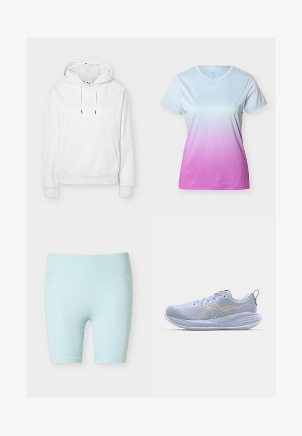 Sweat à capuche blanc avec poche kangourou et cordons, design simple, présenté sur un fond blanc.; T-shirt sportif pour femmes à manches courtes avec un dégradé du bleu clair au rose, col rond, et petits logos blancs "HYROX" et Puma sur la poitrine.; Shorts de sport bleu clair, taille haute, longueur au genou, avec coutures plates conçues pour le confort et la flexibilité.; Baskets de sport bleu clair avec une tige texturée, semelle blanche et rayures dorées. Elles comprennent des lacets et une languette à l'arrière.