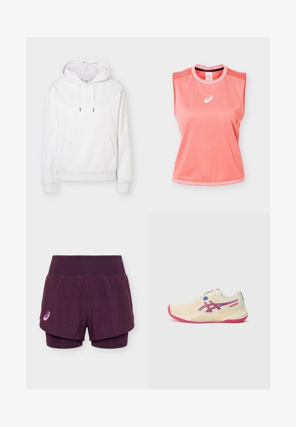 Hvid hættetrøje med forlommer og snørelukning, enkel design, vist mod en hvid baggrund.; Ærmeløs atletisk tanktop i koralpink med hvide kanter på krave og kant, med hvidt Asics-logo centreret på brystet.; Lilla dobbeltlags løbeshorts med bredt linning og lille lyserødt Asics-logo på venstre ben.; Cremefarvet sportsko med en lyserød sål, blå og lilla accenter, perforeret overdel og design med rund tå.