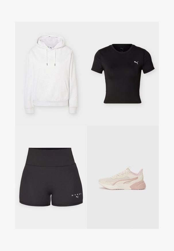Witte hoodie met voorzak en trekkoorden, eenvoudig ontwerp, afgebeeld tegen een witte achtergrond.; Zwart kort sports T-shirt met korte mouwen, een ronde hals en een witte Puma-logo op de linkerborst.; Zwarte sportshorts van rekbare stof. Hoge taille ontwerp met witte "HYROX" tekst en logo aan de onderlinkerkant. Glad textuur.; Lichte sneakers met een beige en lichtroze ontwerp, een bovenwerk van mesh, een gevoerde zool en subtiele logo-accenten aan de zijkant.