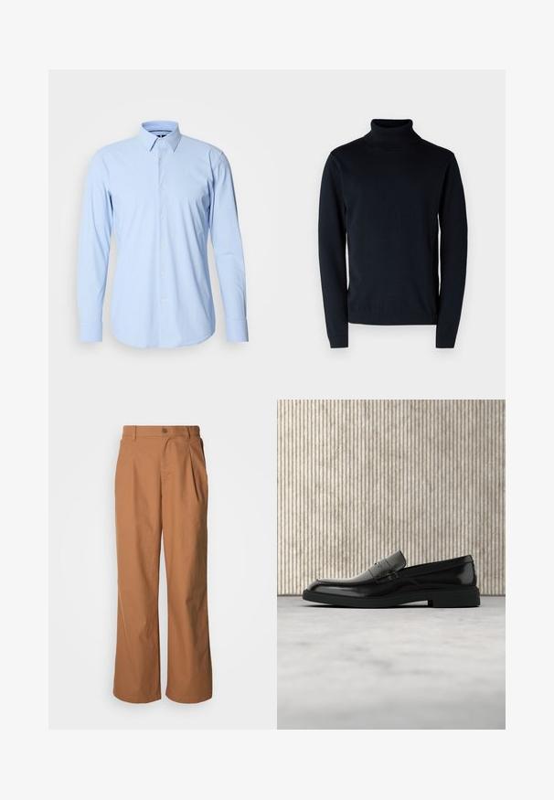 Donkerblauwe coltrui van zacht, rekbaar materiaal. Heeft lange mouwen en ribgebreide manchetten en zoom. Eenvoudig, strak ontwerp.; Lichtblauwe lange mouwen shirt gemaakt van een katoenmix, met een knoopsluiting aan de voorkant, enkele manchetten en een klassiek kraagontwerp.; Wijde broekspijpen van een warmbruine stof, voorzien van een knoopsluiting aan de voorkant, subtiele plooien en een recht model voor een ontspannen pasvorm.; Zwarte gepolijste leren loafer die boven een beige tapijt zweeft met oranje doorschijnend meubilair op de achtergrond.