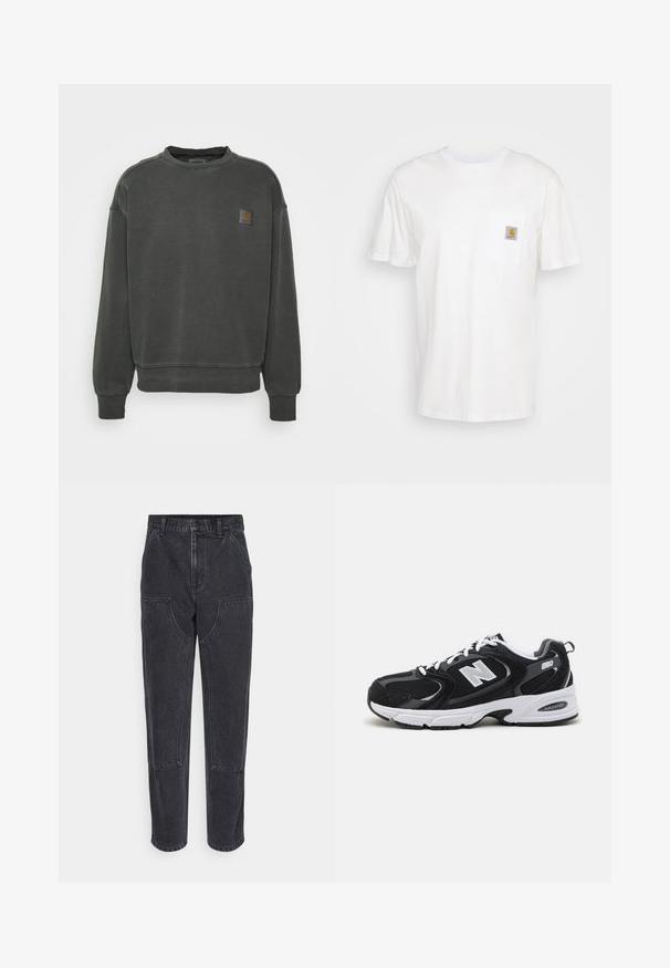 Carhartt WIP NELSON - Φούτερ - black garment dyed; Λευκό βαμβακερό T-shirt με κοντά μανίκια, τσέπη στο στήθος και ένα μικρό τετράγωνο λογότυπο σε πορτοκαλί και λευκό στην τσέπη.; Μαύρα τζιν παντελόνια με ψηλή μέση, ίσια γραμμή και μεγάλες μπροστινές τσέπες. Έχουν αντίθετη ραφή και δεν φέρουν ορατά λογότυπα.; Μαύρα και γκρι αθλητικά παπούτσια με ανώτερο μέρος από δίχτυ και σουέτ, διαθέτοντας λευκή ενδιάμεση σόλα, κορδόνια και έντονο λογότυπο "N" στο πλάι.