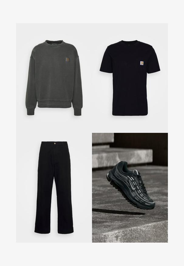 Carhartt WIP NELSON - Φούτερ - black garment dyed; Μαύρη βαμβακερή μπλούζα με κοντά μανίκια, στρογγυλή λαιμόκοψη και τσέπη στο στήθος που διαθέτει ένα μικρό, τετράγωνο λογότυπο. Απλός, συμπαγής σχεδιασμός.; Μαύρο παντελόνι από βαρύ ύφασμα, με κατευθείαν γραμμή, μπροστινές τσέπες, φερμουάρ και κλείσιμο με ένα μεταλλικό κουμπί.; Μαύρο και γκρι αθλητικό παπούτσι Nike Air Max να αιωρείται πάνω από γκρι τσιμεντένια σκαλοπάτια με υφή στο έδαφος ως φόντο.