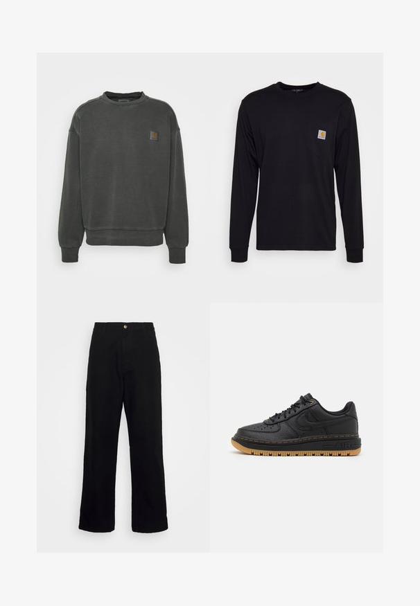 Carhartt WIP NELSON - Sweater - black garment dyed; Zwarte lange mouwen shirt van katoen. Beschikt over een borstzak met een vierkante grijze label en een oranje logo. Eenvoudig ontwerp in effen kleur.; Zwarte broek van zwaar materiaal, met een rechte pijp ontwerp, voorzakken, een rits en een enkele metalen knoopsluiting.; Zwarte leren sneaker met textuur, ronde neus, geperforeerde details en een gumrubberen zool. Heeft contrasterende gele stiksels en logo.