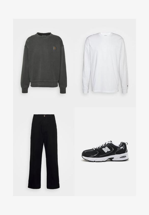 Carhartt WIP NELSON - Φούτερ - black garment dyed; Λευκό μπλουζάκι με μακριά μανίκια από βαμβάκι. Σχέδιο crew neck με ριμπ μανίκια και μικρό λογότυπο στο αριστερό μανίκι. Λείος υφάνσεις.; Μαύρο παντελόνι από βαρύ ύφασμα, με κατευθείαν γραμμή, μπροστινές τσέπες, φερμουάρ και κλείσιμο με ένα μεταλλικό κουμπί.; Μαύρα και γκρι αθλητικά παπούτσια με ανώτερο μέρος από δίχτυ και σουέτ, διαθέτοντας λευκή ενδιάμεση σόλα, κορδόνια και έντονο λογότυπο "N" στο πλάι.