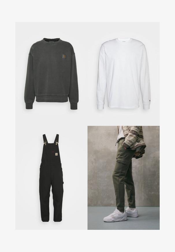 Carhartt WIP NELSON - Φούτερ - black garment dyed; Λευκό μπλουζάκι με μακριά μανίκια από βαμβάκι. Σχέδιο crew neck με ριμπ μανίκια και μικρό λογότυπο στο αριστερό μανίκι. Λείος υφάνσεις.; Μαύρες βαμβακερές φορμίτσες με ρυθμιζόμενους ιμάντες, μπροστινή τσέπη με λογότυπο και δύο πλαϊνές τσέπες σε άνετη εφαρμογή.; Ελαιόκανα cargo παντελόνια με ρυθμιζόμενη μέση, διαθέτοντας πλαϊνές τσέπες και ραφές, συνδυασμένα με λευκά FILA αθλητικά παπούτσια.