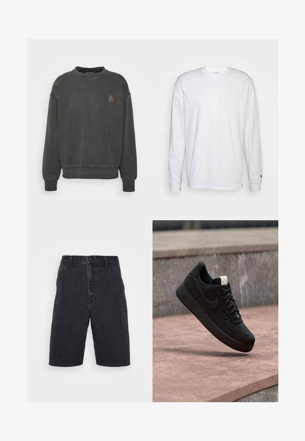 Carhartt WIP NELSON - Sweatshirt - black garment dyed; Hvid langærmet T-shirt lavet af bomuld. Rund halsudskæring med ribbede manchetter og et lille logo på venstre ærme. Glat tekstur.; Sorte denimshorts med lige snit, midt-rise talje, knaplukning foran og synlige sømdetaljer.; Sort Nike Air Force 1 sneaker, der svæver over en lyserød betonforkant med en grå stenet baggrund, som viser sidde- og topdetaljer.