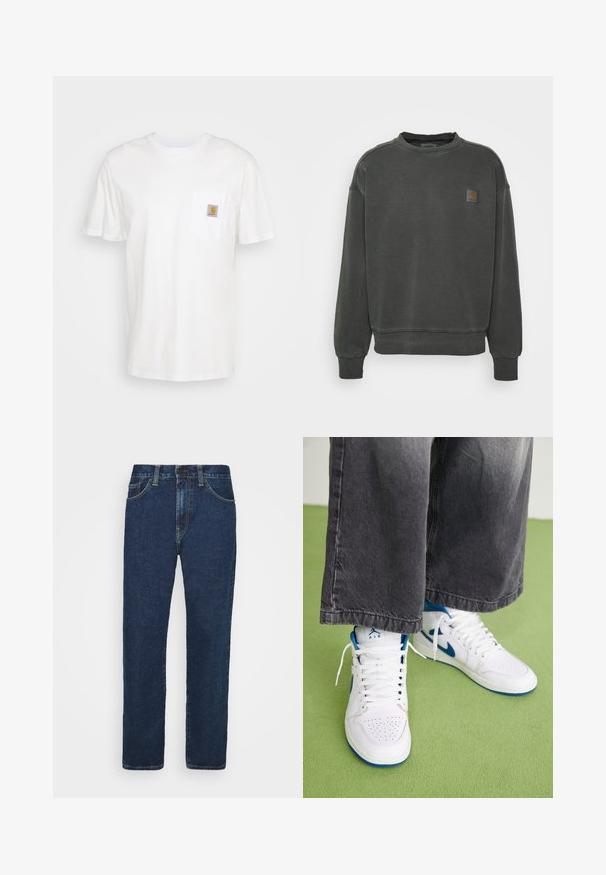 Carhartt WIP NELSON - Sweatshirt - black garment dyed; Hvid bomulds T-shirt med korte ærmer, en brystlomme, og et lille firkantet logo patch i orange og hvid på lommen.; Mørkeblå denimjeans med lige skæring, fem lommer, bæltesløjfer og guldstikningsdetaljer. Letvægtsstof med en glat tekstur.; Hvide højtop sneakers med blå accenter, perforeret tå boks og hvide snørebånd. Båret med løse grå denim bukser på en grøn overflade.