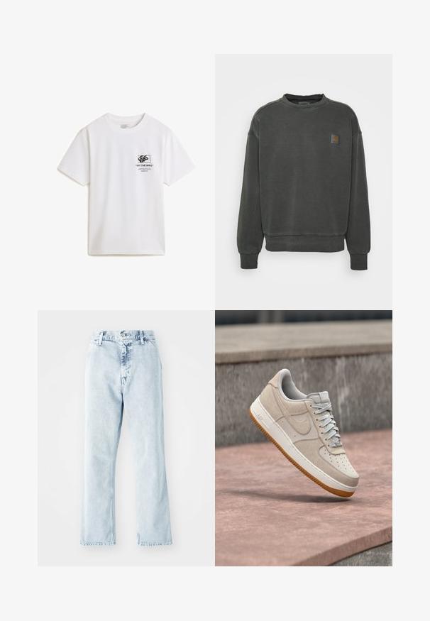Carhartt WIP NELSON - Sweater - black garment dyed; Witte katoenen T-shirt met korte mouwen, voorzien van een zwarte grafische print aan de linkerkant met het Vans-logo en tekstdetails.; Lichtblauwe denim jeans met een rechte pijp, voorzien van een hoge taille, vijf zakken en een knoopsluiting. Vervaagde textuur overal.; Beige en witte Nike Air Force 1 sneaker met een gumzool die boven een roze stenen oppervlak zweeft, met een grijze stenen achtergrond.