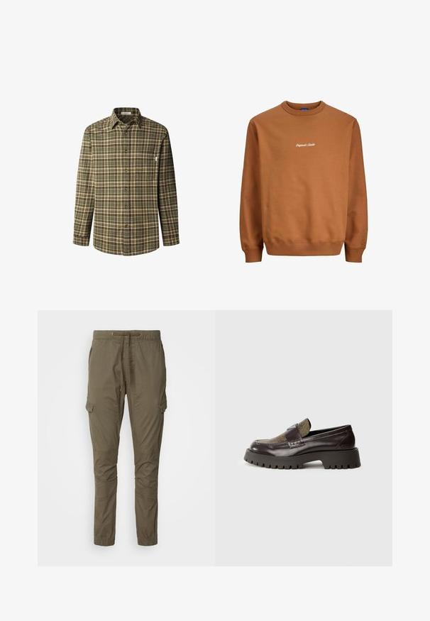 Bruine ronde hals sweatshirt van zacht katoen, met geborduurde witte tekst "Original Studio" op de borst en geribbelde boorden en onderkant.; Knoopshirt in een groene en bruine ruitpatroon, lange mouwen, kraag, borstzak, gemaakt van een gestructureerde katoen stof met bruine knopen.; Olivengroene cargobroek met een elastische koordsluiting in de taille, zijzakken en taps toelopende benen, voorzien van kniestukken en een zachte, ademende stof.; Donkerbruine leren instappers met een bovenwerk van geprint textiel, een stevige loopzool en een decoratieve band. Voorzien van een geperst merkembleem aan de zijkant.