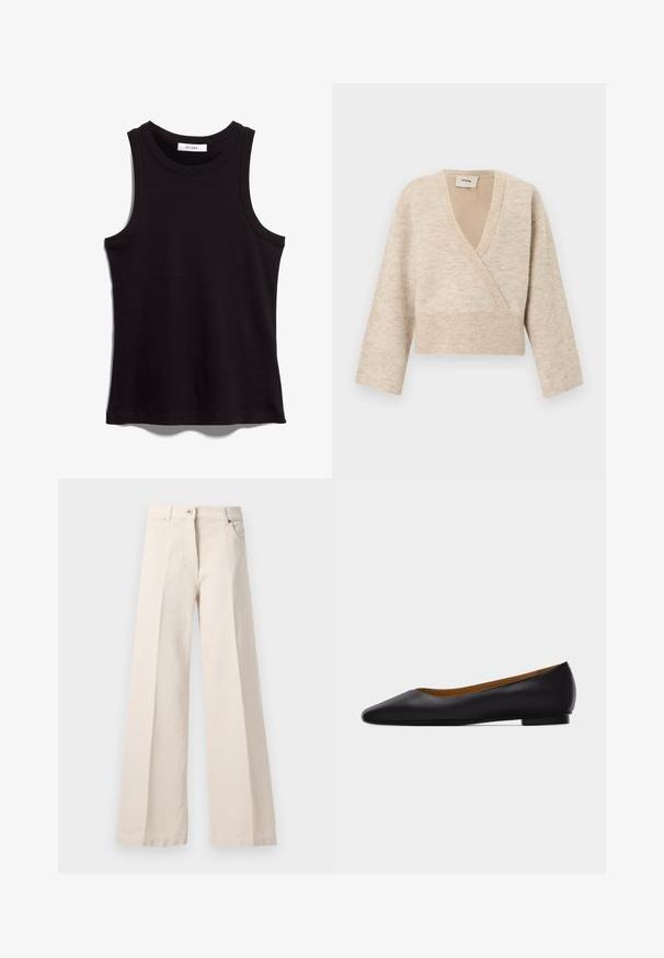 Beige gebreide cropped trui in wikkelstijl met lange mouwen en brede geribbelde tailleband, met label "Aeron" aan de binnenkant van de halslijn.; Zwarte tanktop van ribbelstof. Heeft een ronde halslijn en brede armsgaten. Rechte zoom met gestikte details. Eenvoudig ontwerp.; Beige hoge taille brede pijpen met een voorste knoop, rits, ceintuurlussen en zijzakken op een lichte achtergrond.; Zwarte leren puntschoen met lage hak en gladde afwerking, zijaanzicht op een lichtgrijze achtergrond.