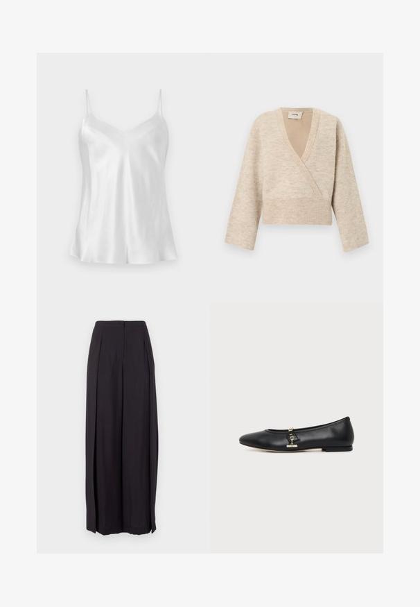 Pull court beige tricoté style portefeuille avec manches longues et large ceinture côtelée, étiquette "Aeron" à l'intérieur de l'encolure.; Haut camisole en satin blanc avec fines bretelles spaghetti et décolleté en V, présenté à plat sur un fond neutre.; Pantalon noir à taille haute et jambes larges avec un bouton frontal et une fermeture éclair dissimulée, doté de plis latéraux subtils.; Chaussure plate en cuir noir avec bout arrondi et petit détail de boucle dorée sur le côté, présentée sur un fond clair uni.