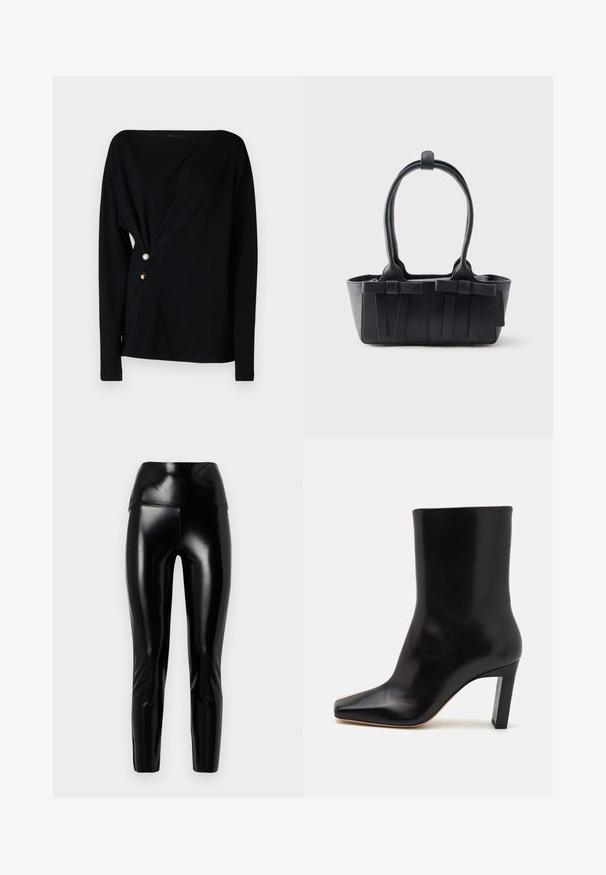 Sort langærmet top med off-shoulder halsudskæring, draperet front og tre dekorative knapper i hvid, guld og brun på siden.; Sorte faux læder leggings med høj talje, glat tekstur, tætsiddende ben og en blank finish. Ingen synlige sømme eller udsmykninger.; Sorte læder ankelstøvler med spids tå, afsmalnet blokhæl og glat tekstur, der har en slank silhuet og minimalistisk design.; Sort læderhåndtaske med to håndtag, dekorative remme og en rektangulær bund på en ensartet lys baggrund.