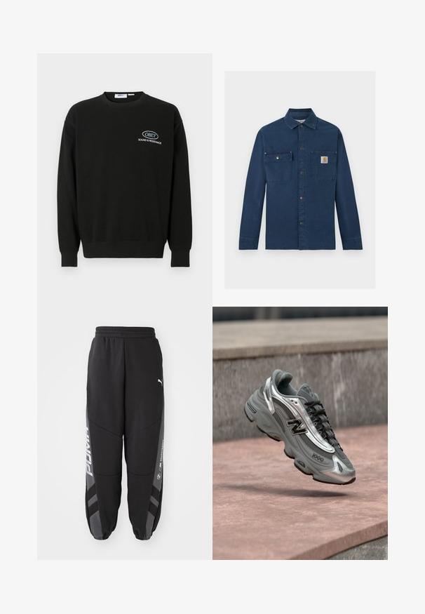 Schwarzes Sweatshirt aus Baumwolle mit Rundhalsausschnitt, langen Ärmeln und gerippten Bündchen. Mit einem weißen gestickten Logo auf der Brust.; Marineblaues Cord-Arbeitshemd mit langen Ärmeln, Druckknopfverschluss vorne, zwei Brusttaschen und kleinem Carhartt-Logo auf der rechten Tasche.; Schwarze Jogginghosen aus weichem Material. Mit elastischem Bund, schmal zulaufenden Beinen, grauen Akzenten und weißen Logos an den Seiten.; Grauer und silberner New Balance Sneaker mit der Aufschrift "1000", der über einer rosa-steinernen Oberfläche vor einem grauen Steinmauer-Hintergrund schwebt.