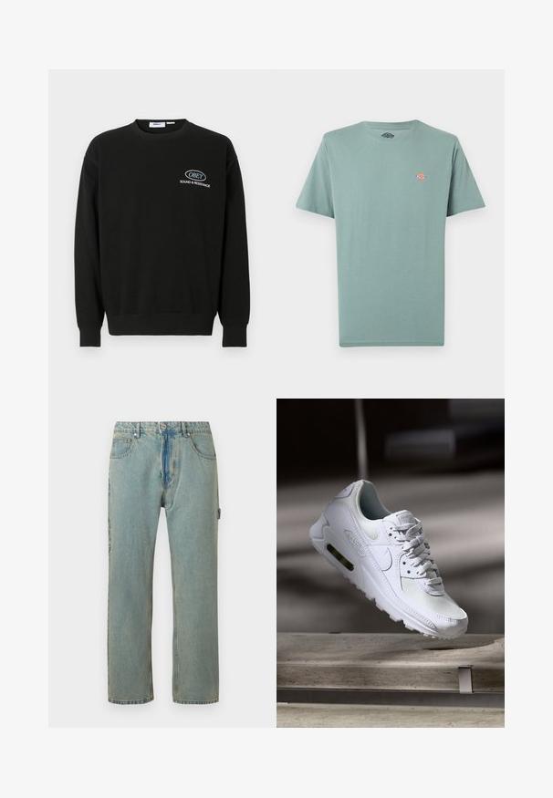 Zwarte sweatshirt van katoen met een ronde hals, lange mouwen en geribde manchetten. Bevat een witte geborduurde logo op de borst.; Effen gedempt groen T-shirt met korte mouwen en ronde hals, met een klein meerkleurig Dickies-logo op de linkerborst.; Lichtblauwe, loszittende denim jeans met vijf zakken, een knoopsluiting en zichtbare stiksels. De stof heeft een vervaagde, gestructureerde uitstraling.; Witte Nike Air Max 90 sneaker met een bovenwerk van mesh en leer, een geperforeerde teenbox en een zichtbare luchtunit in de hiel.