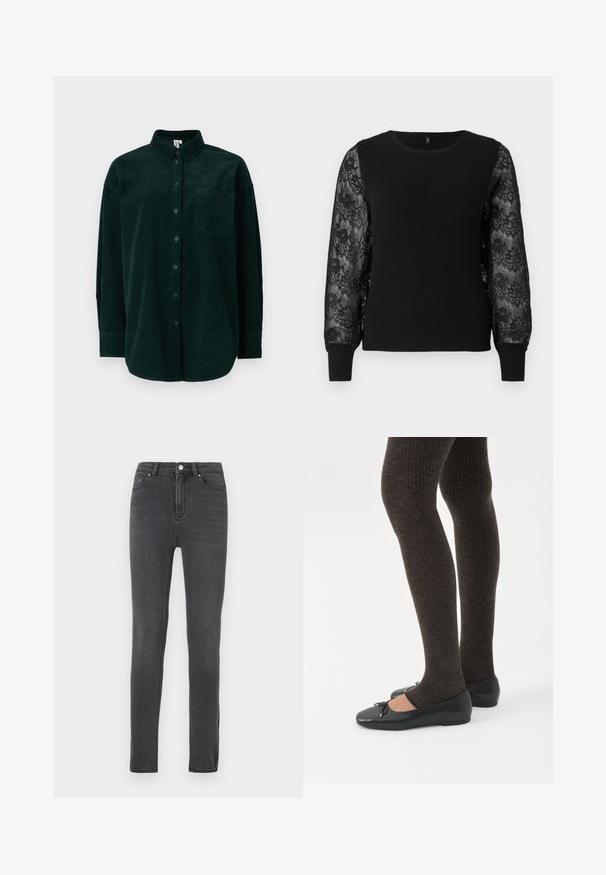 Pull en noir avec texture côtelée et longues manches en dentelle ornées de motifs floraux. Encolure ronde et poignets ajustés.; Chemise en velours côtelé vert foncé avec un col boutonné, une poche avant et des manches longues, dotée d'un tissu texturé et d'une coupe classique.; Jean skinny noir en denim, avec un design classique à cinq poches, une fermeture éclair et un bouton en métal, et un délavage minimal.; Jambes portant des leggings côtelés foncés associés à des ballerines noires avec de petits détails en nœud sur fond blanc.
