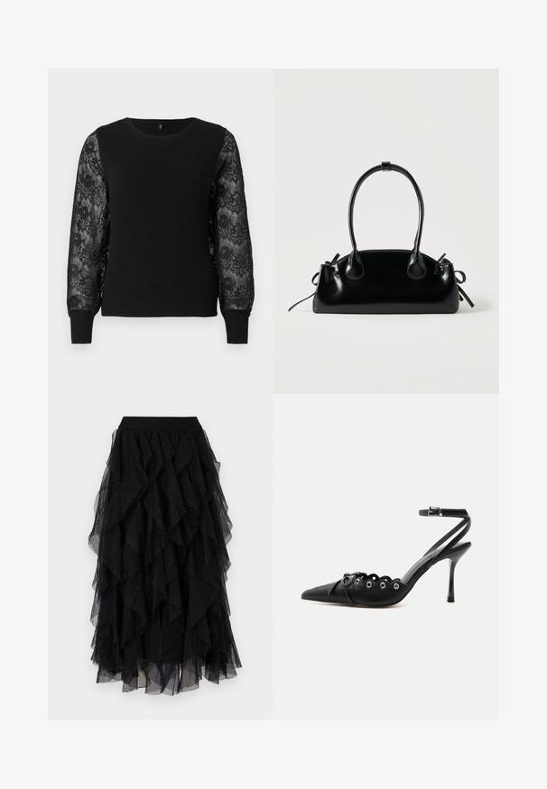Jersey negro de punto con textura acanalada y mangas largas de encaje con patrones florales. Cuello redondo y puños ajustados.; Falda de tul negra con volantes en capas, textura suave y sutiles acentos de purpurina. Cintura elástica para un ajuste cómodo.; Zapato de tacón alto negro con punta fina, bordes ondulados, ojales metálicos, cordones delanteros y una correa en el tobillo con cierre de hebilla.; Pequeño bolso negro brillante con dos asas largas y detalles de cordón lateral sobre un fondo claro liso.