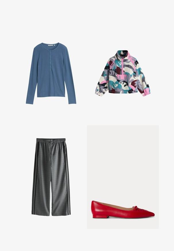 Lasten fleece-pulloveri, jossa abstrakti monivärinen kuvio vaaleanpunaisena, sinivihreänä, valkoisena, harmaana ja mustana. Edessä puolihalkio vetoketjulla ja kengurutasku.; Sininen pitkähihaisuus paita ribbikankaasta, jossa on pyöreä kaula-aukko ja kuusi nappia keskellä edessä. Sileä pinta, tiukka malli.; Harmaat leveälahkeiset housut, joissa on joustava vyötärö, kiristysnauha, hillitty ruutukuosi ja mustat raidat jokaisen lahkeen ulkosivulla.; Punainen nahkainen tasapohjainen kenkä, jossa on terävä kärki ja pienet rusettiyksityiskohdat päällä, esitetty sivuprofiilissa yksiväristä taustaa vasten.