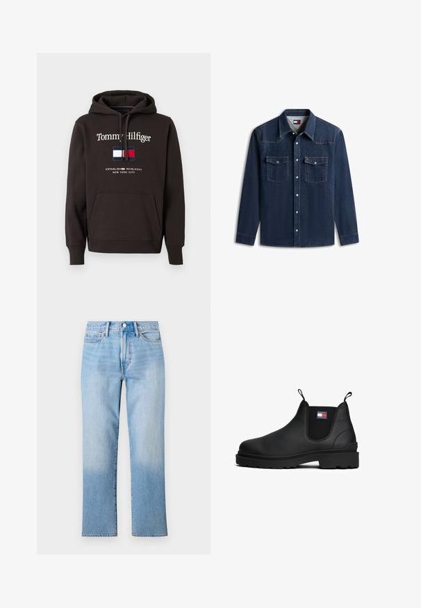 Brun hættebluse lavet af bomuld. Har en frontlomme, broderet logo og et trikolor-emblem med røde, hvide og blå detaljer.; Mørkeblå denim skjorte med lange ærmer, med knapper foran, to brystlommer med klapper og en spids krave.; Lys blå denim jeans med lige ben-design, der har en falmet vask, standard fem-lomme styling og en klassisk knaplukning.; Sorte Chelsea-støvler i læder med tekstureret overflade, elastiske sidepaneler og trækflapper; kraftig gummisål med slidmønster.