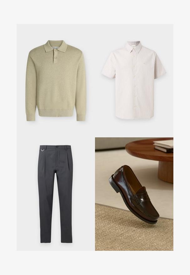 Beige polo met lange mouwen, kraag en twee knopen, geribde manchetten en zoom, weergegeven op een effen lichte achtergrond.; Korte mouwen overhemd met knopen, voorzien van beige en witte verticale strepen en een puntkraag, afgebeeld tegen een effen achtergrond.; Donkergrijze slim-fit broek met plooien aan de voorkant, riemlussen, een knoopsluiting en een kleine metalen ring aan de linkerkant.; Bruine leren instappers met een glanzende afwerking, voorzien van een gestikt detail aan de voorkant en een low-profile zwarte rubberen zool.